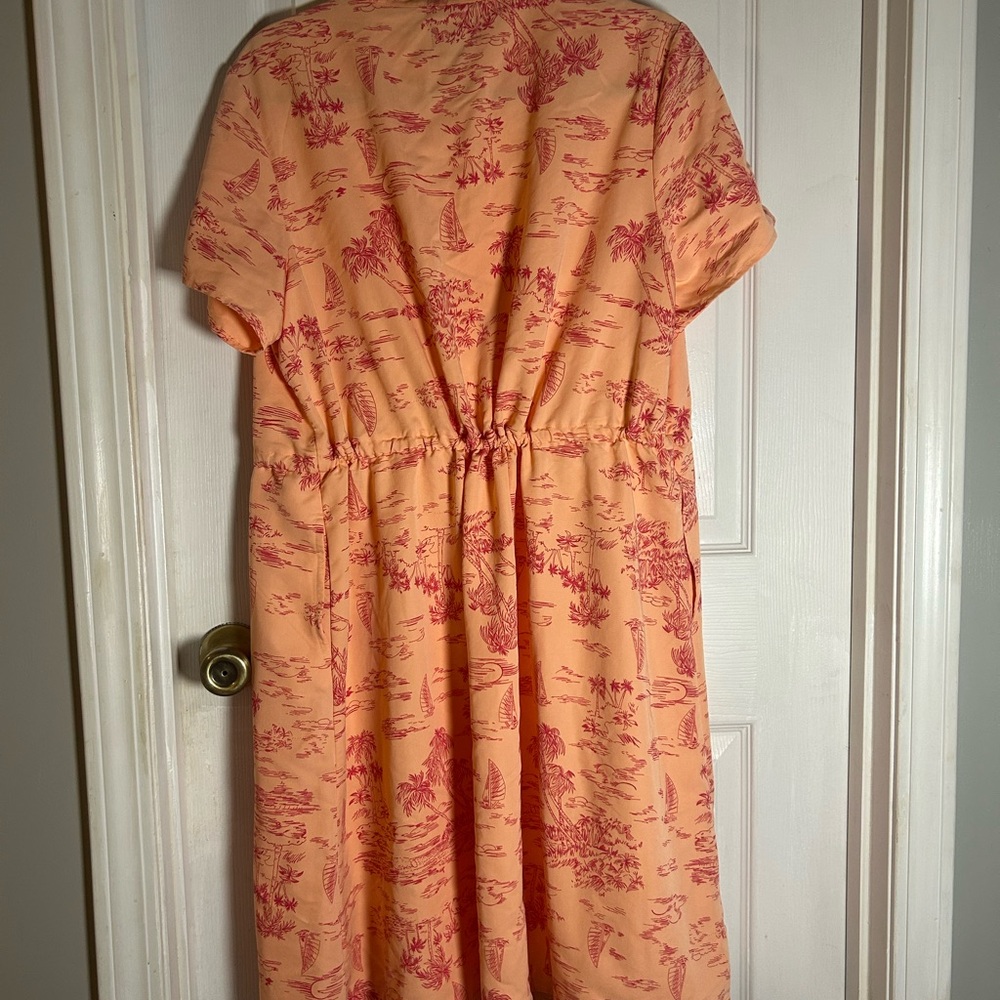 Lands End Women’s Large Tropical Theme Dress  Button Drawstring Modest Pink - Picture 6 of 11